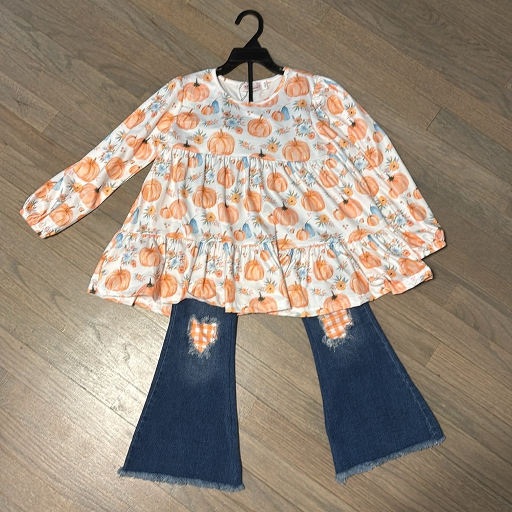 Autumn pumpkin outfit top & jeans set Peasant top bell bottom jeans girls 7/8